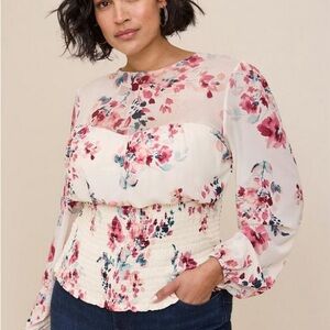 Torrid Stretch Mesh Sweetheart Smocked Long Sleeve Top